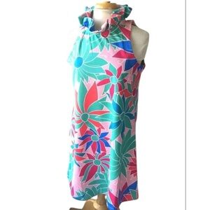 Chelsea Gunn Māori floral ruffle neck  shift dress sleeveless Catalina Cloth S